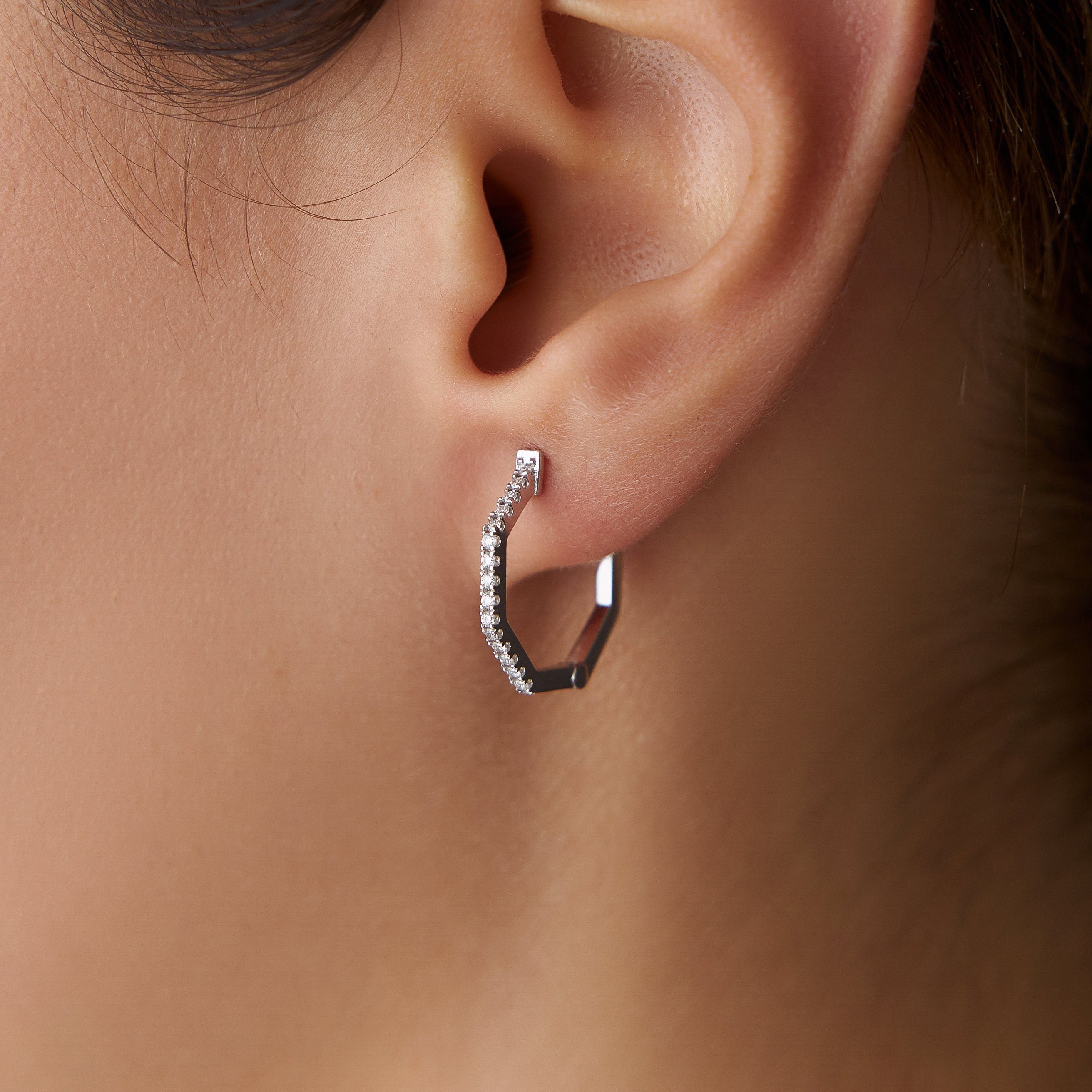 Diamond Geometric Huggie Hoop Earrings in 14K and 18K Gold
