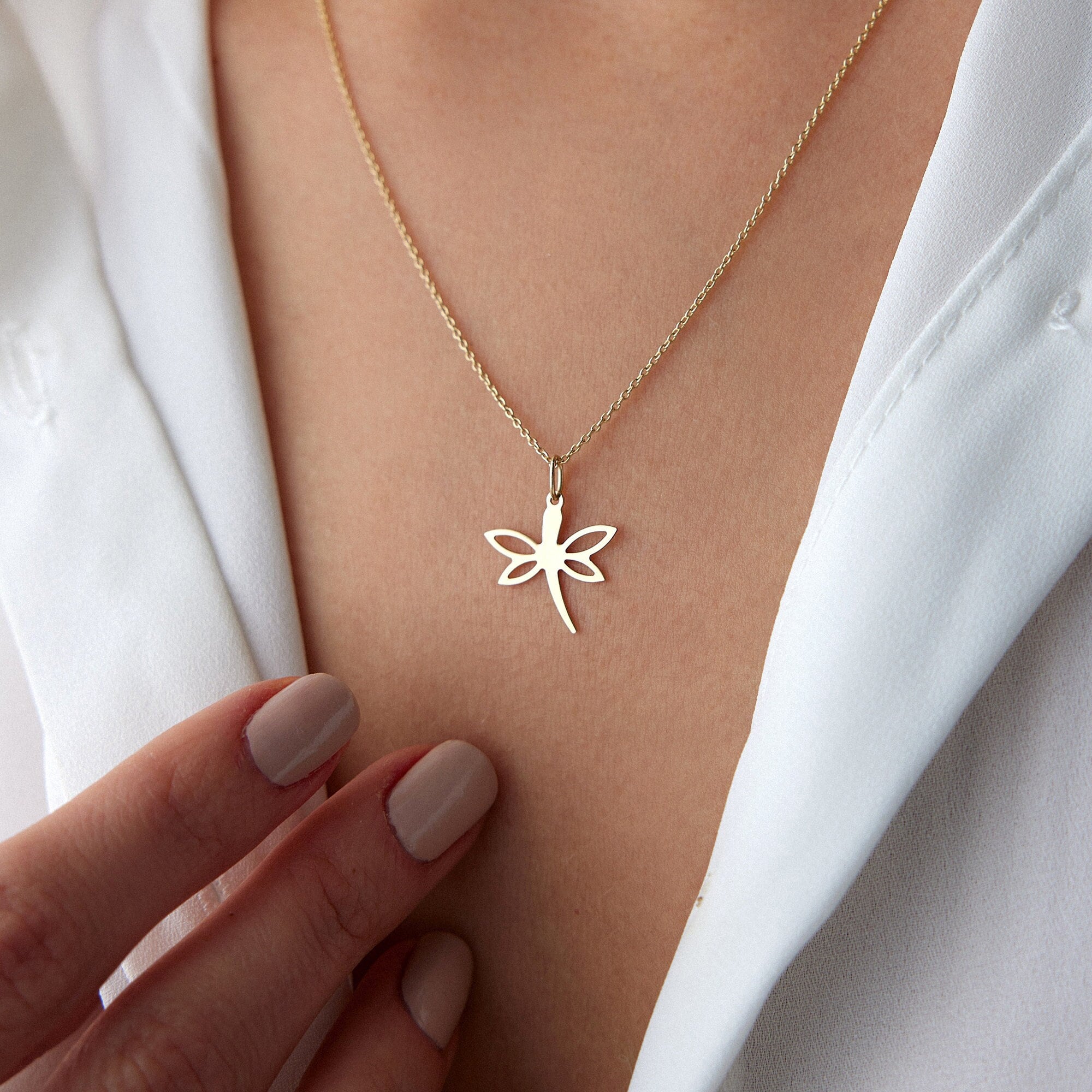 14K Gold Dragonfly Pendant Necklace