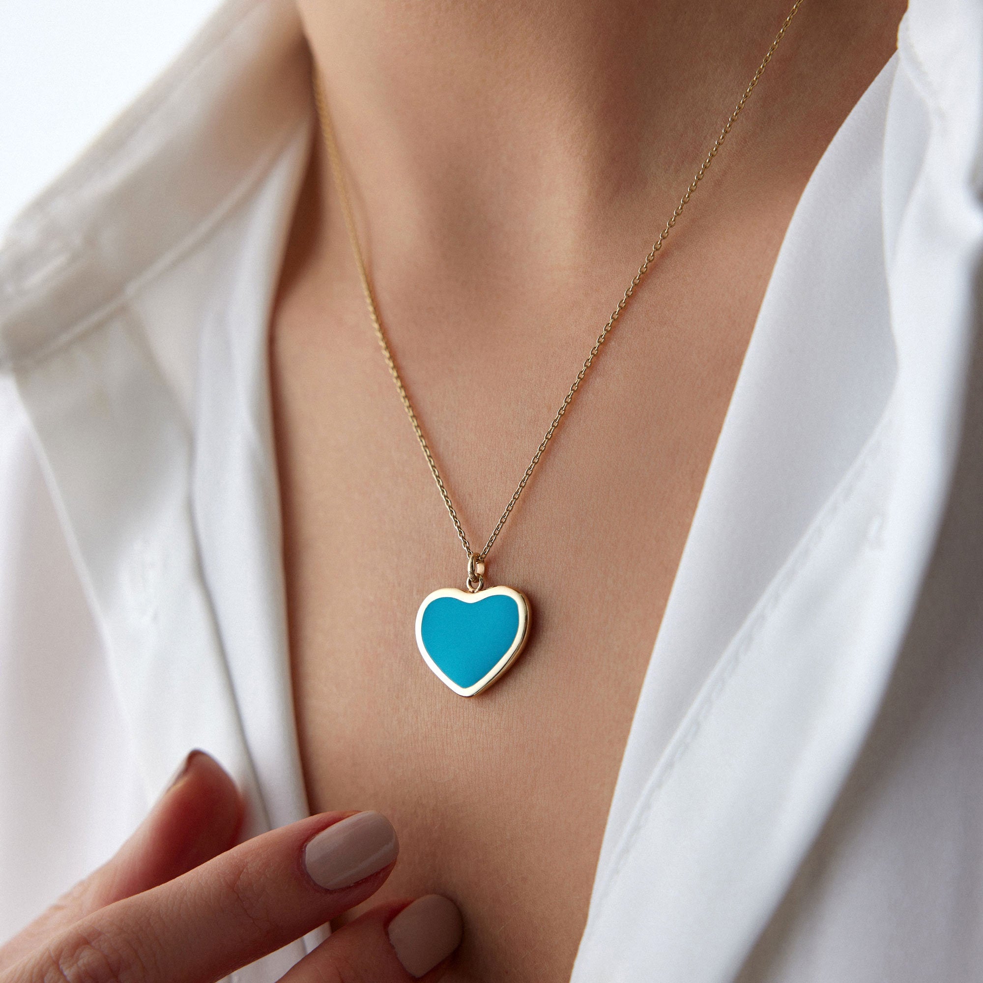 14K Gold Ocean Blue Large Heart Necklace